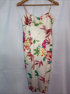David Meister Cream Midi Dress with Pink, Green & Yellow Floral Print Size 4